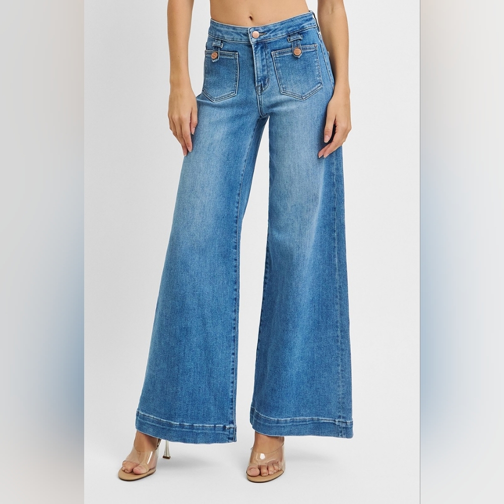 RISEN Mid-Rise 70s Flat Front Patch Pocket Pants Baggy Wide Leg Denim Jeans
